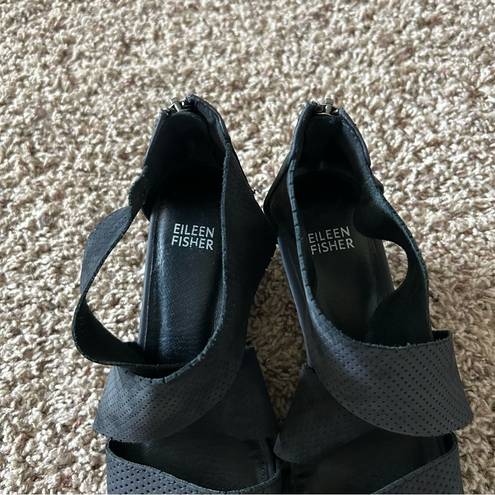 Eileen Fisher  Kes Perforated Nubuck Wedge Sandals in Black Size 8