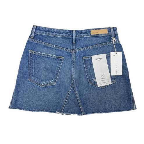 GRLFRND  The Eva Denim Mini Skirt Size 29 Button Fly Distressed Raw Hem NWT