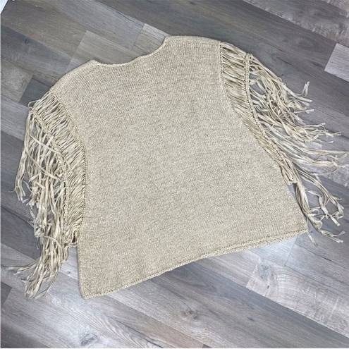 Chico's Chico’s Tarrin Tape Yarn Fringe Poncho Sweater Taupe Tan Large XL