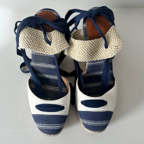 Coach  Fern Navy/Tan/Chalk Ankle Wrap Espadrille Platform Wedges Size 7