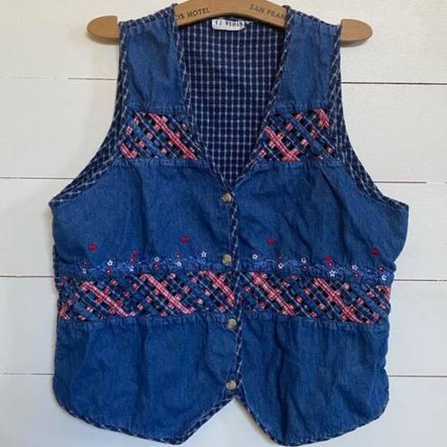 American Vintage  Denim Lattice Work Patriotic Granny Gilet Vest 16