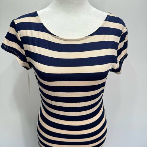 RD Style NEW  Navy & Beige Striped Open Back Cap Sleeve Fitted Maxi Dress Small