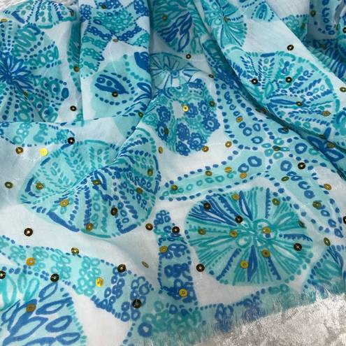 Lilly Pulitzer  scarf blue sea urchins gold sequins fringe wrap sarong wrap