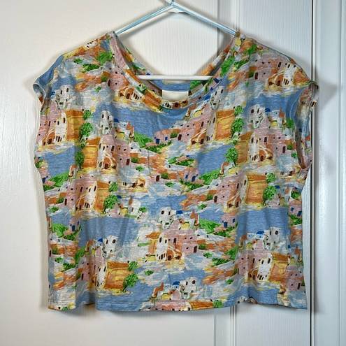 Cynthia Rowley Women's  Greek Island Painting Linen Crop Shirt Size XL EUC #0456