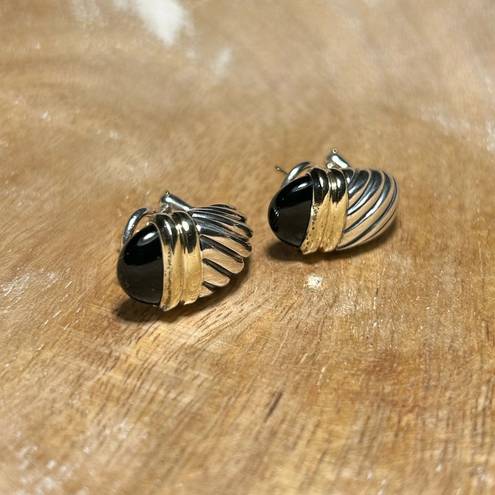 David Yurman  Black Onyx Sterling Silver & 14K Gold Cable Shrimp Post Earrings