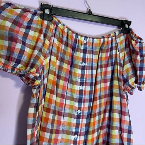 Lane Bryant  Plaid Cotton Off the Shoulder Short Sleeve Elastic Button Size 18/20