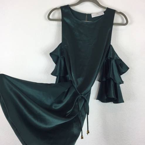 Amanda Uprichard  Green 100% Silk Ruffled Cut Out Shoulder Mini Dress Small