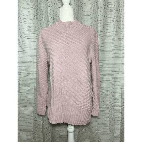 Charter Club 🌸  Asymmetrical Mock Neck Pastel Pink Ribbed Stripe Knit Sweater