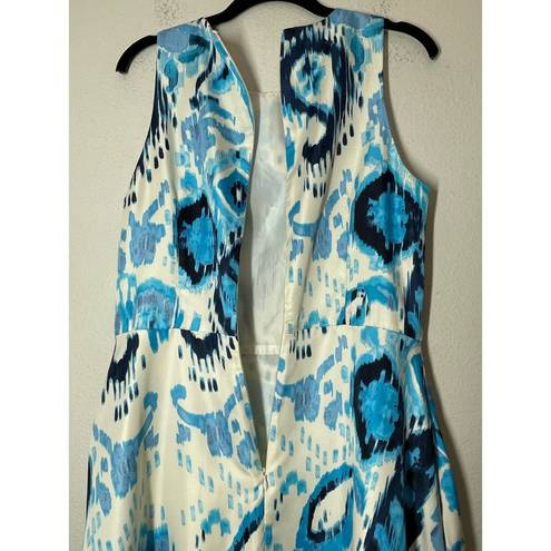 Donna Morgan  Sleeveless Fit Flare Dress Knee Length Blue Batik Print 8 Pockets