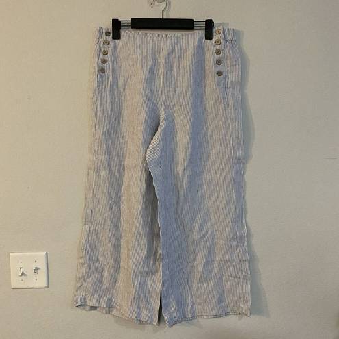 J.Jill  Love Linen Pants Medium Blue White Cropped Wide Leg Striped Nautical