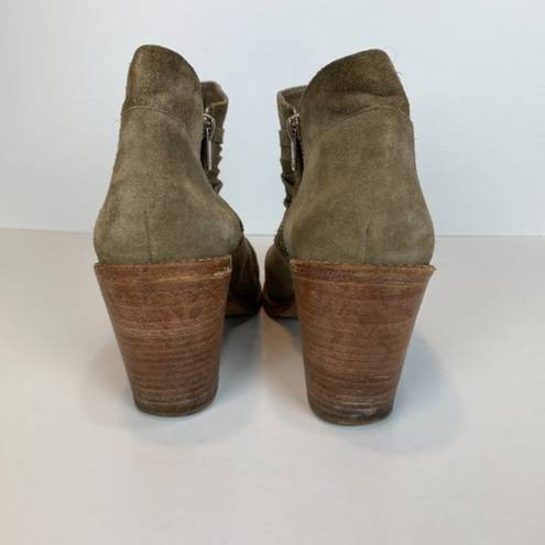 Loeffler Randall  Ankle Booties 9 Khaki Green Gray Suede‎ Leather Stacked Heel