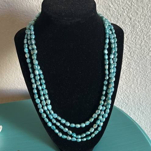 infinity Endless  63” Strand Dyed Vibrant Sky Blue Freshwater Rice Pearl Necklace