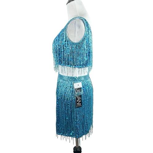 Jovani  Fringe Dress Blue Two Piece Sequin Mini Skirt Set