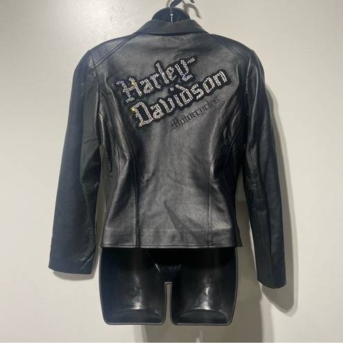 Harley Davidson  Black Leather Jacket Swarovski Crystal Gems Size Medium