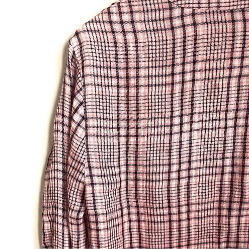 Joie  "Dane" 100% Soft Linen Pink Plaid Button Down Shirt Roll Tab Sleeves