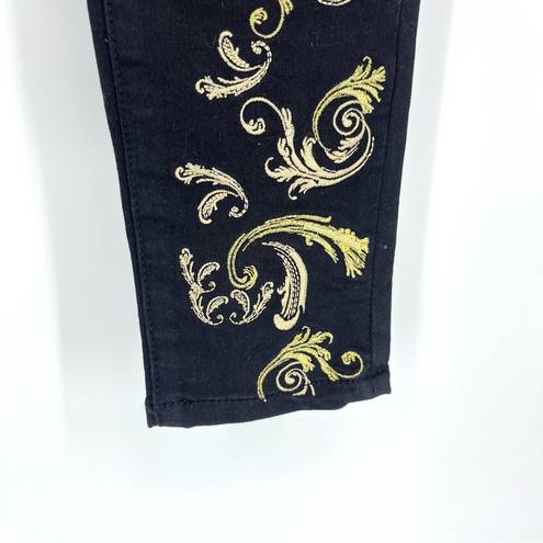 Bisou Bisou  Michele Bohbot Womens Skinny Jeans Black with Gold Embroidery Size 4