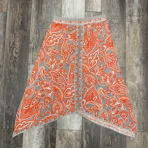 INC International Concepts Shark Bite Paisley Hem MIDI Skirt Orange Gray Size L