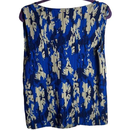 Joie  Plus Size 1X Tank Top Floral Print Pleated Blue And Cream Boat Neck Texture