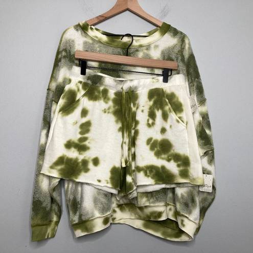 Free People Intimately  Set Womens Large Green Tie Dye Kelly Sweatshirt Shorts