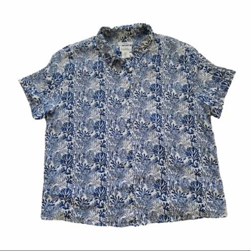 Nicole Miller  Top Blue White Coral Print Linen Short Sleeve Button Down Small