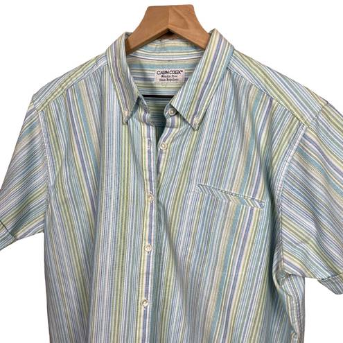 Cabin creek Wrinkle Free Short Sleeve Blue Purple Striped Button Down Shirt