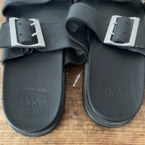 Sorel Roaming Slide Black Two Strap Slip On Sandal Silver Buckle