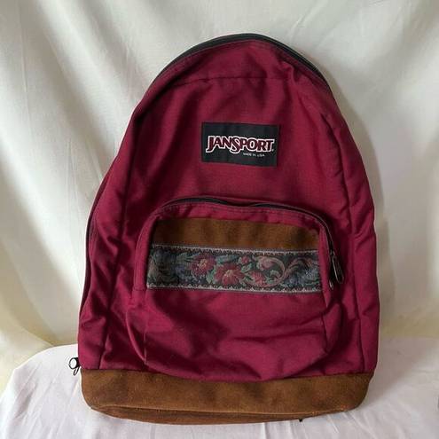 Jansport Vintage 90s  Backpack Suede Leather Bottom Maroon Red Floral Unisex