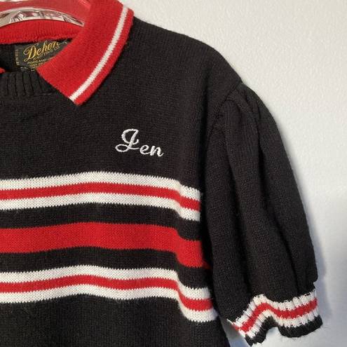 Krass&co Vtg‎ Dehen Knitting  Cheerleader Sweater Collared Black Red White Stripe Jen