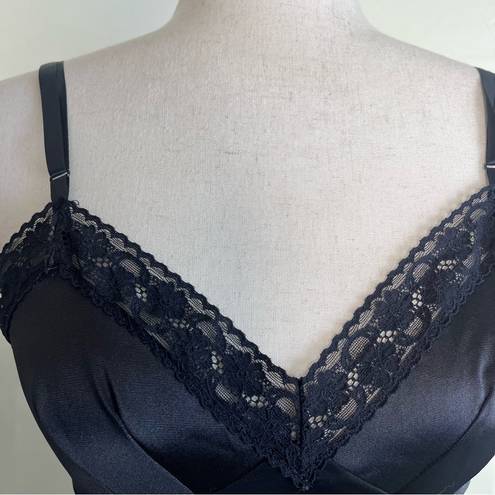 Vintage 80s 90s Black Satin Nightgown Slip Dress Lace Trim Mini Pinup Girl Small