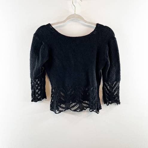 Cache  Scoopneck 3/4 Sleeve Lace Crochet Trim Bell Sleeves Top Black Large