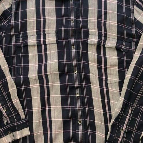 Lou & grey  Size M Button Down Tunic Length Top Purple Plaid Shirt Long Sleeve