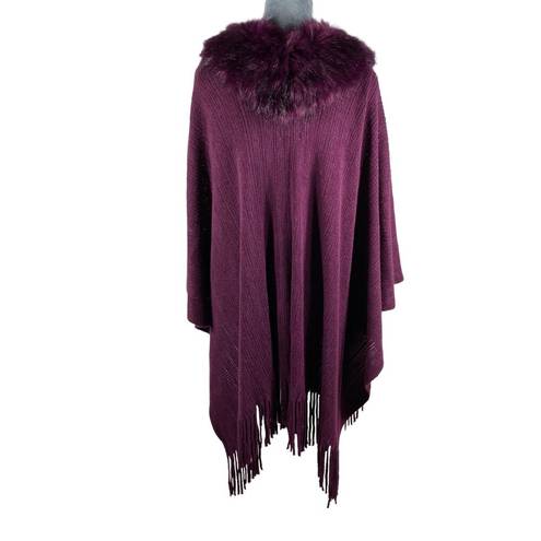 Young USA Knit Poncho Cape Shawl Faux Fur Collar Fringe OSFM Plum Purple NEW!