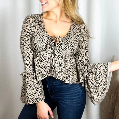 Peach Love California NEW NWT  Tan Brown Black Dotted Long Bell Sleeve Blouse S