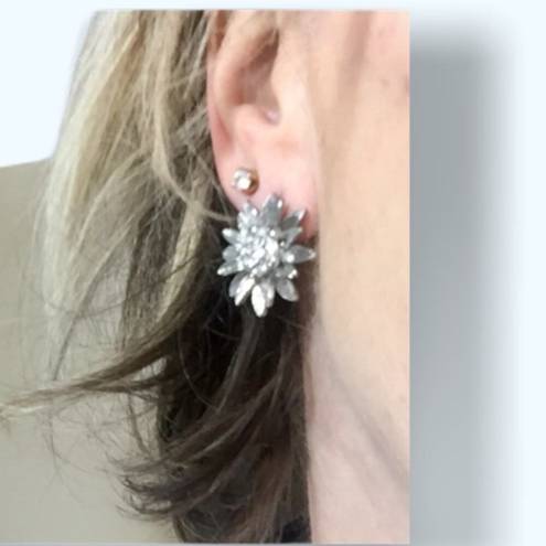 Daisy Silver tone & rhinestone floral earrings, sunflower aster  flower jewelry