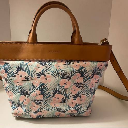 Brooks Brothers  Pastel Floral Print Canvas Crossbody Leather Trim Tote Handbag