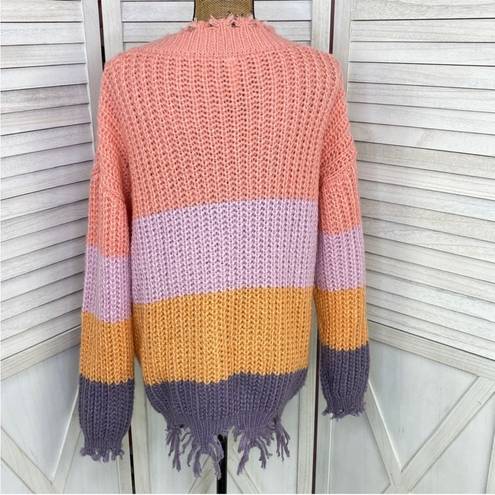 Wishlist  Distressed Color Block Pullover Sweater Medium Large Purple Multi