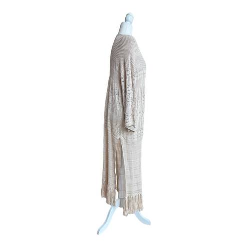 Lush Clothing LUSH Light Beige Long Sleeve Open Knit Fringe Trimmed Women Size S Long Cardigan