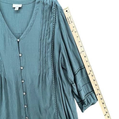 J.Jill  Tunic Top Womens XL Petite Blue Spruce Embroidered Pintuck Button Blouse