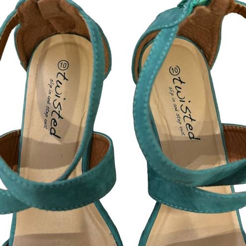 Twisted , Strappy Wedges, slip in and step out. Aqua Blue