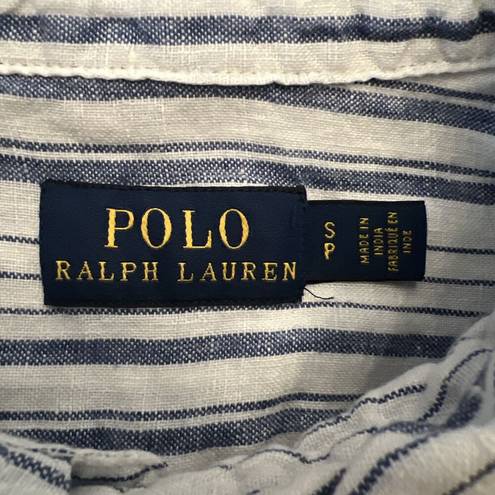 Polo  Ralph Lauren Shirt Womens Small Blue White Stripe Linen Blouse Popover Boxy