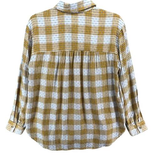 Pilcro  Anthropologie Blouse Womens S Yellow Plaid Blue Stitched Button Up Shirt