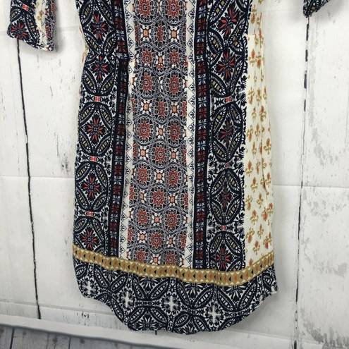 Renee C  Boho Dress Mixed Pattern 3/4 Sleeve Drop Waist Knee Length Size S