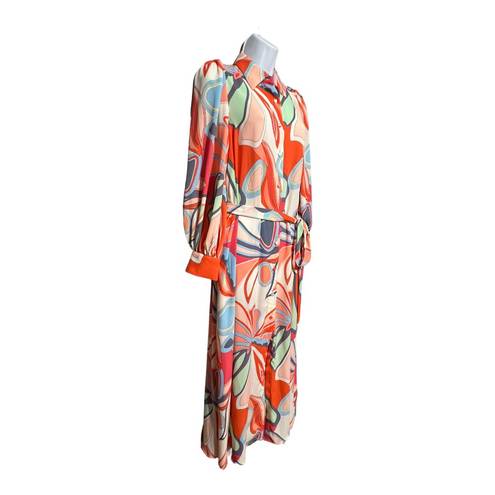 Alexis Abstract Puff Sleeve Button Front Chiffon Maxi Dress w/Waist Tie Small