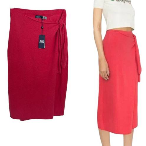 Polo  RALPH LAUREN 100% CASHMERE WRAP MIDI CORAL RED SKIRT LARGE NWT $498