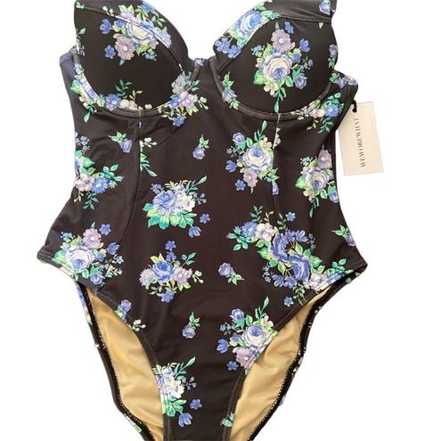 We Wore What NEW  Floral Underwire One-Piece Swimsuit black golden hour retro XL