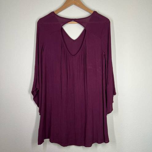 Lush Clothing Whitney Woven Bell Sleeve V Neck Dress - Dark Burgundy/Red Wine XS