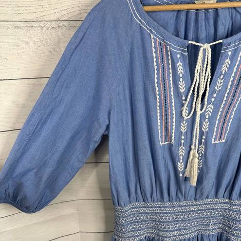 Shoshanna  Womens size Large Chambray Smocked Waist Boho Blue Embroidered Dress