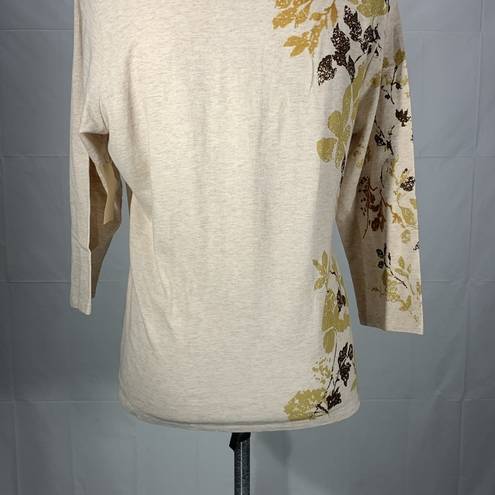 Coldwater Creek  Three Quarter Sleeve Oatmeal Autumn Flock Tee Size Large