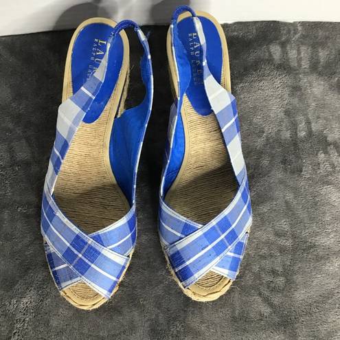 Ralph Lauren Lauren  Womens CAMARA Blue Plaid Wedge Slingback Sandals Size 10 B