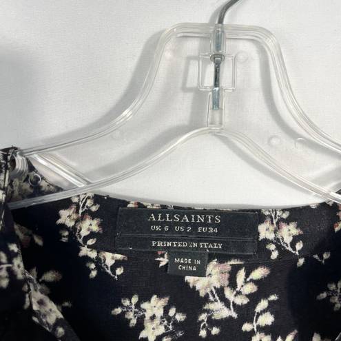 ALLSAINTS Sora Nevin Black Floral 100% Silk Tie Waist Long Sleeve Dress Size 2